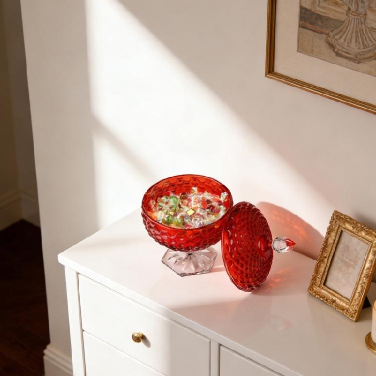 Stylish Red Crystal Glass Thickened Covered Storage Jar with Lid for Candy Dry Fruit Jewelry Trinket Box Home Decors