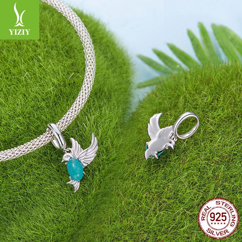 Green Natural Stone Bird Pendant S925 Sterling Silver Animal Diy Bracelet Beaded Accessories Versatile Jewelry