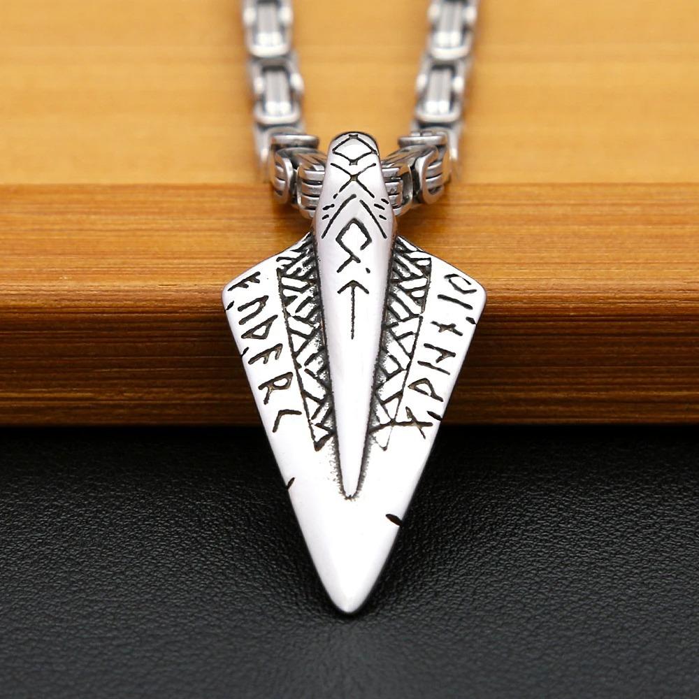 Viking Punk Arrowhead Pendant Stainless Steel Men Necklace Rune Sword Jewelry