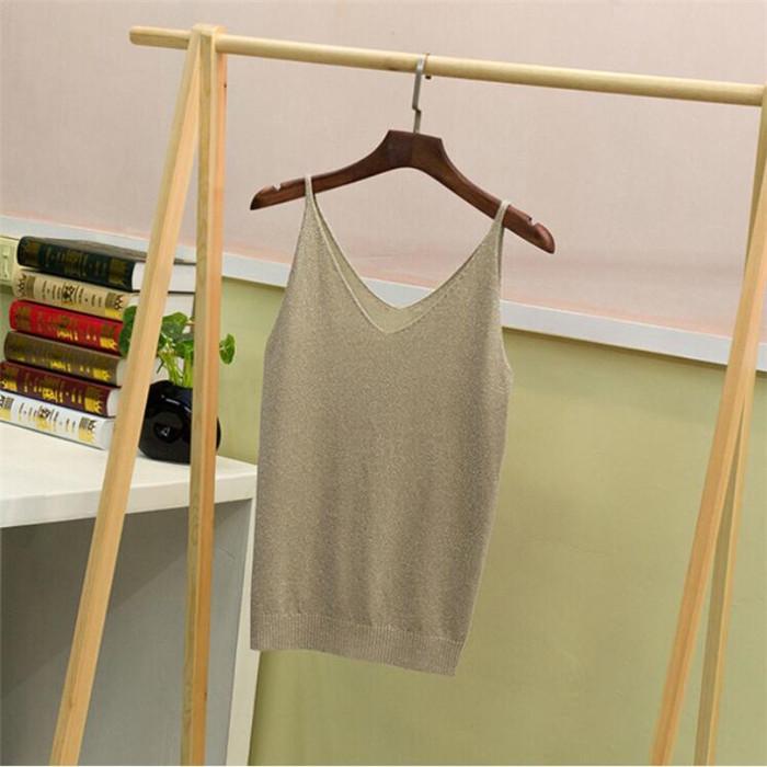 Summer Knitted Slim Sexy Top Tank Women Bright V Neck Sleeveless Vest Shirts Tops Tees