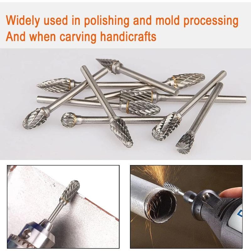 10pcs/set Tungsten Carbide Rotary Burr Set Carving Burr Bits with 3mm Shank 6mm Bit for Wood & Stone Carving, Steel Metal Working