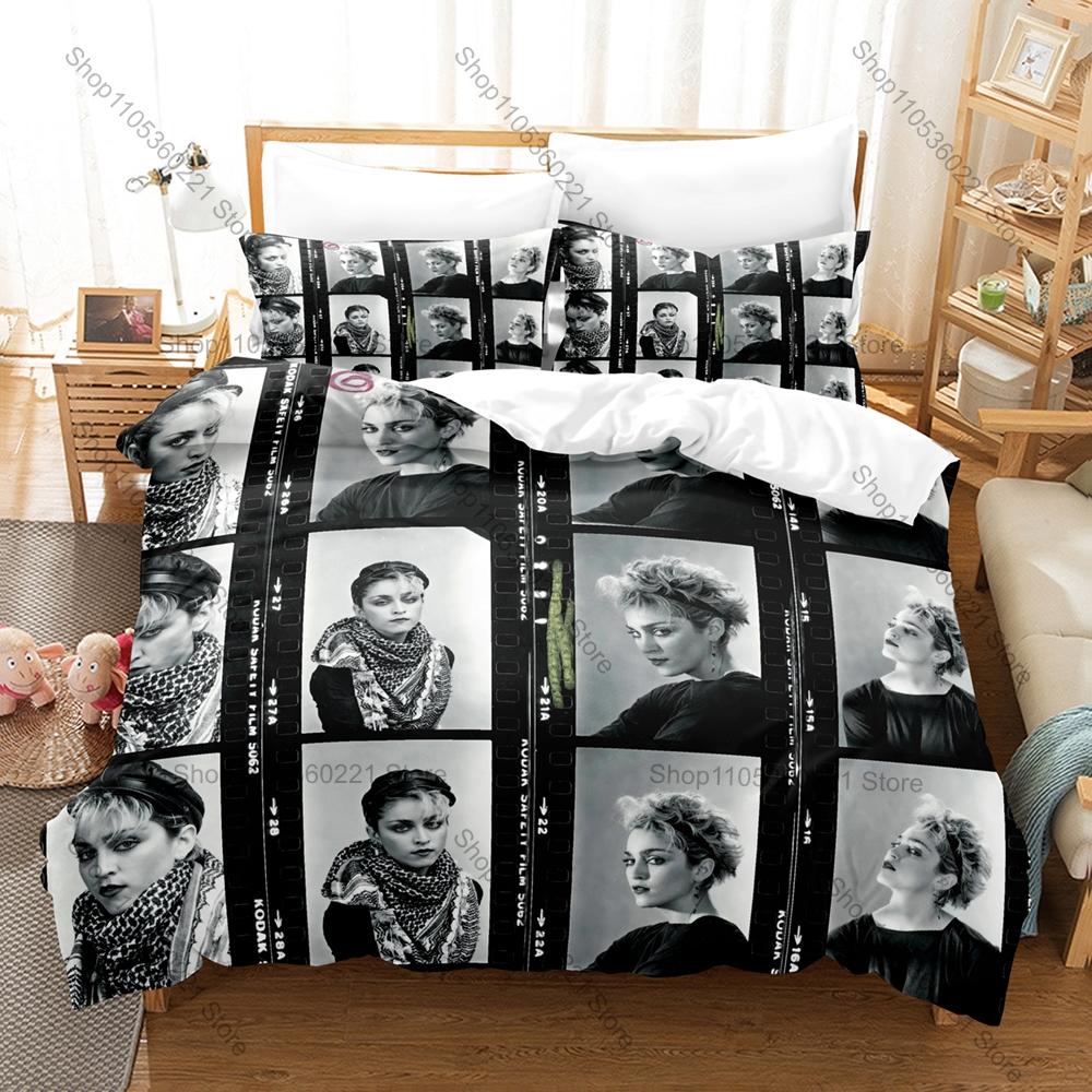 Madonna Duvet Cover + 2 Pillowcases, Queen of Pop Music Icon Print Bedding Set Soft Fabric Home Decor for Music Fans
