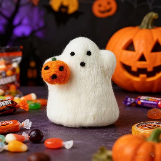 Halloween Wool Felted Ghost with Pumpkin Handmade Mini Felt Ghost Pumpkin Collectible Tabletop Ornaments