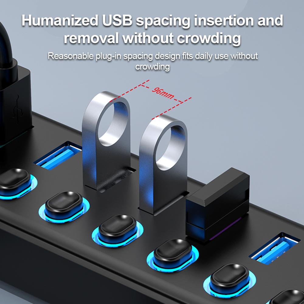 KEBIDUMEI USB HUB 7 Ports USB3.0 Splitter 5Gbps with Individual Switch Power Adapter for Laptop USB Ports Extender USB-C Docking