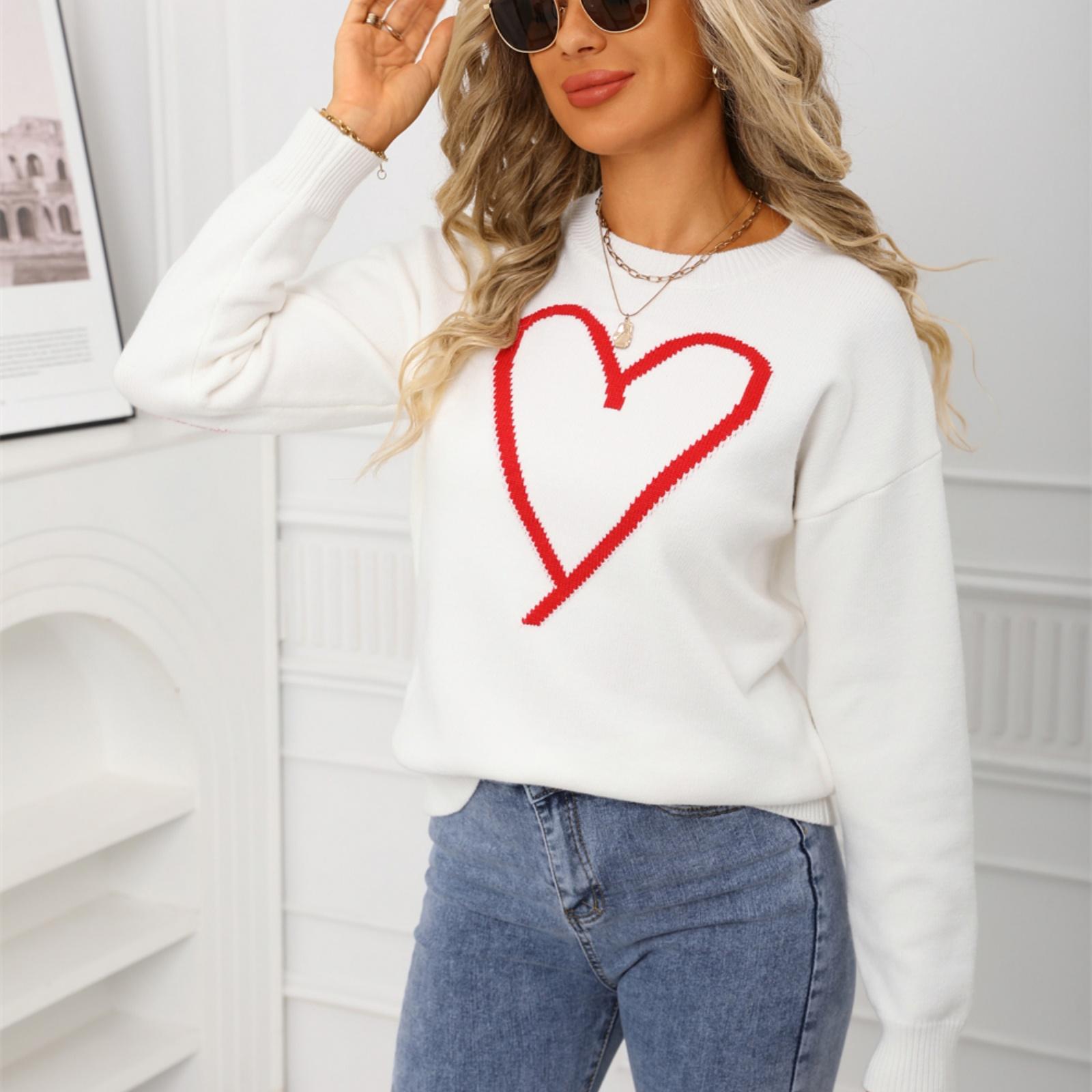 

Ladies Fashionable Heart-shaped Sweater, Loose And Versatile Valentine s Day Knitted Pullover Sweater S білий