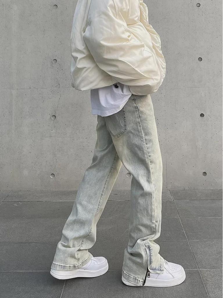 Męskie retro sprane żółte dżinsy rozszerzane z zamkami