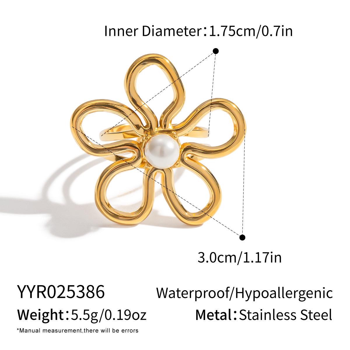 18K Gold-Plated Floral Cutout Studs & Open Ring with Pearl Inlay Open Ring