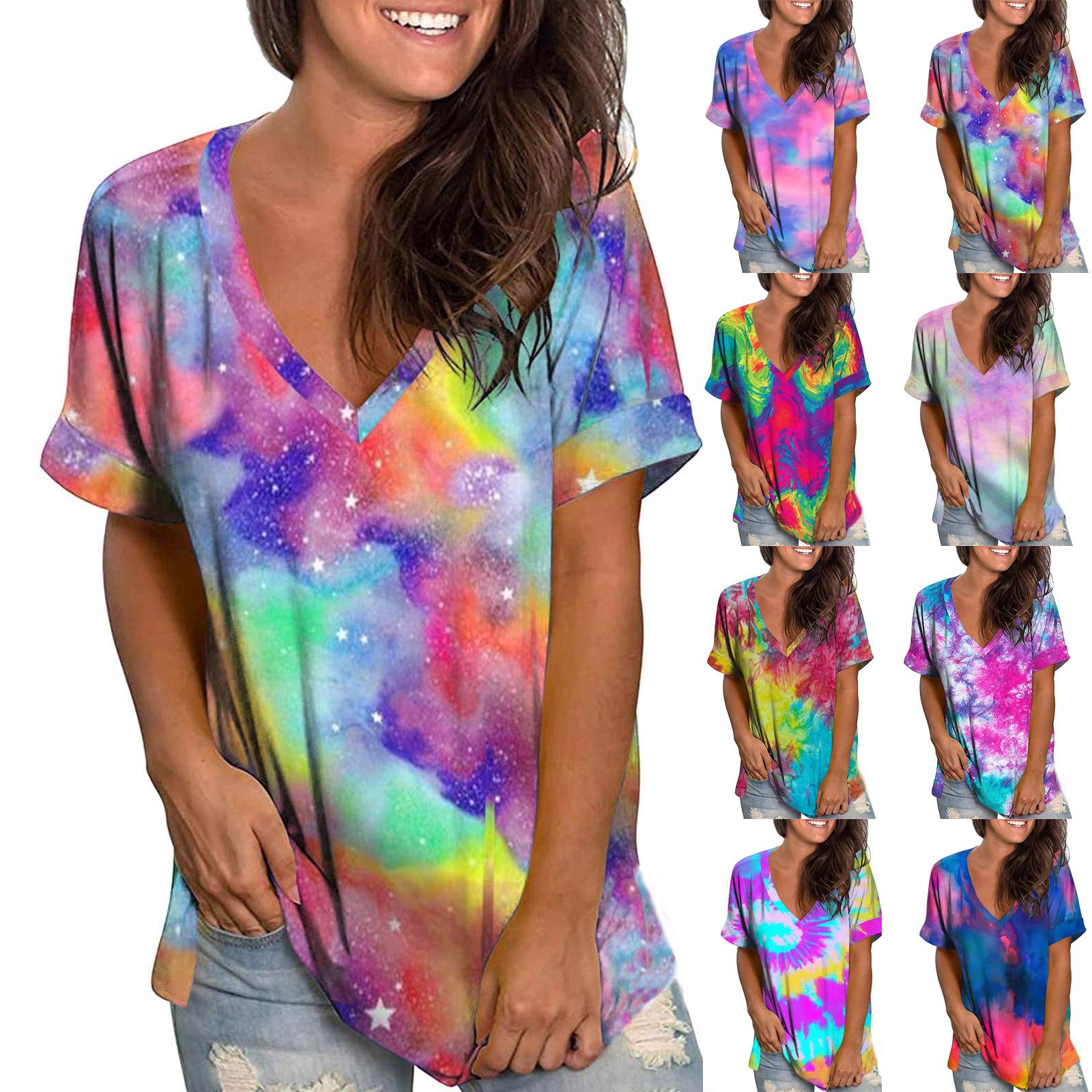

Women s Summer Fashion Loose Tie-dye Printed V-neck Short-sleeved T-shirt