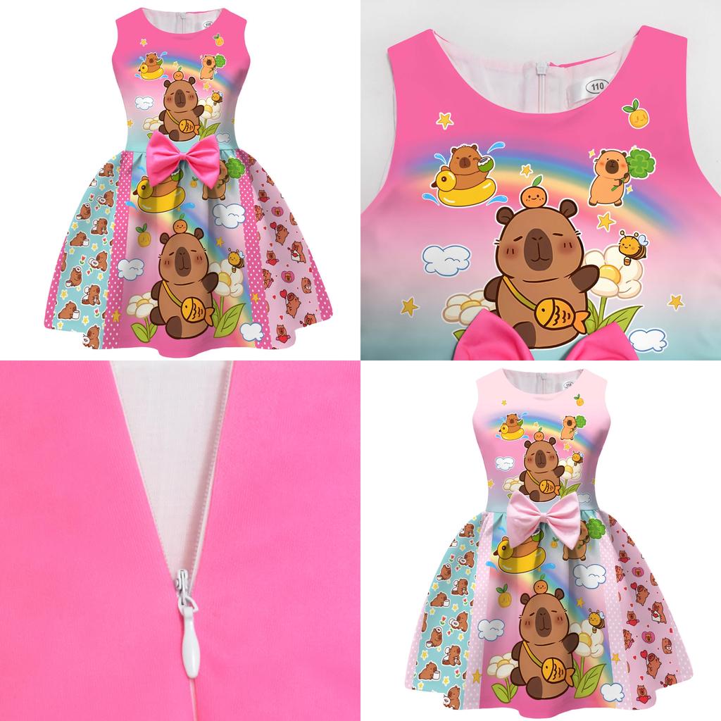 Vestito per Bambina Cartoon Capibara con Gonna Pieghettata in Misto Cotone per Età da 3 a 8 Anni