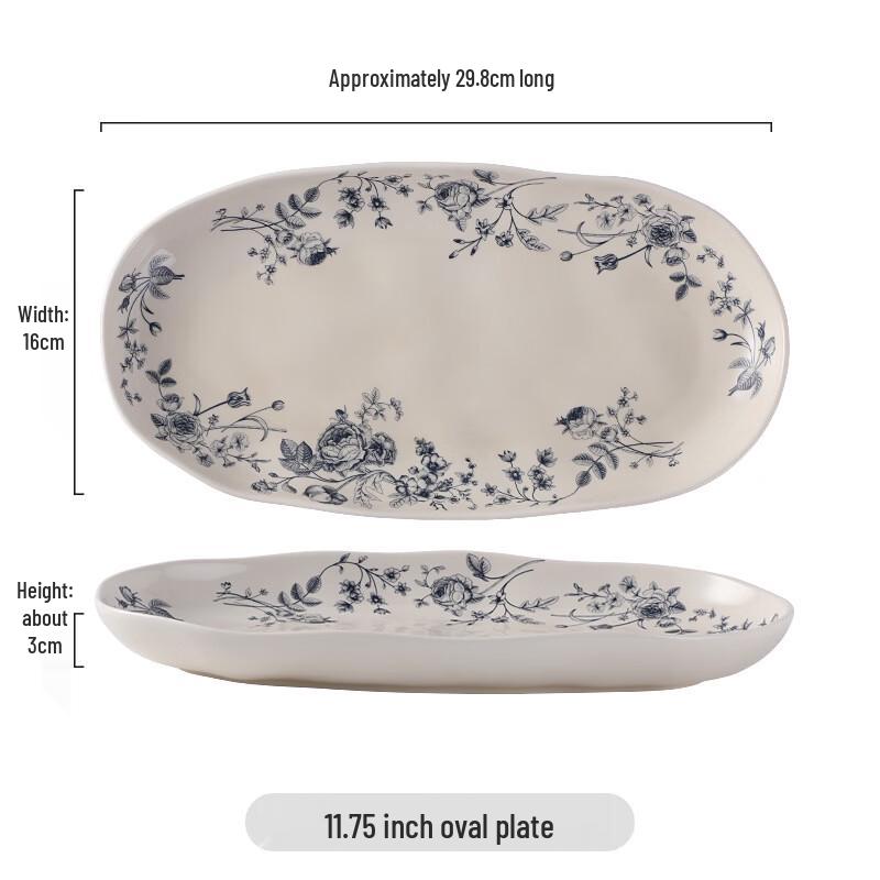 Zhishi Hand-Pinched Blue Rose Bone China Fish Plate