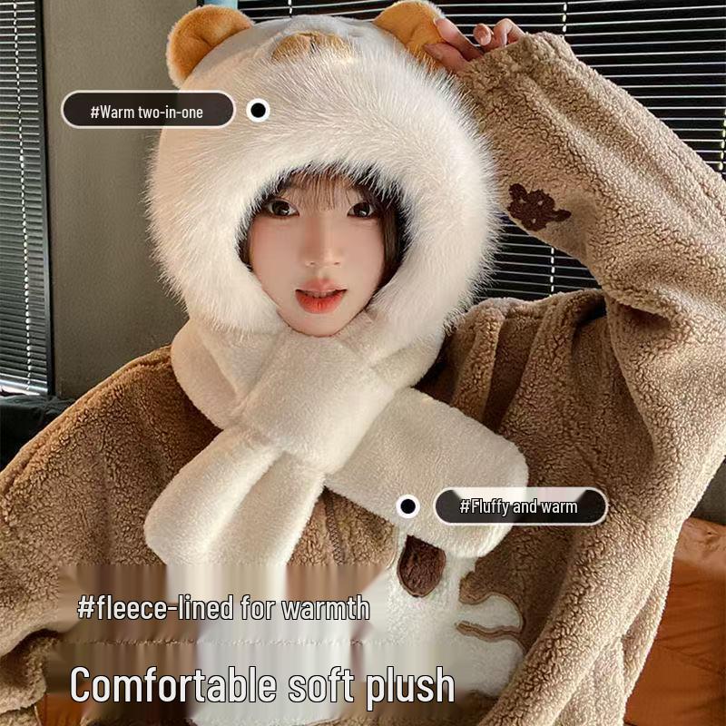 Plush Thickened Winter Hat with Scarf & Ear Protection – Cute Capybara Design for Women & Students