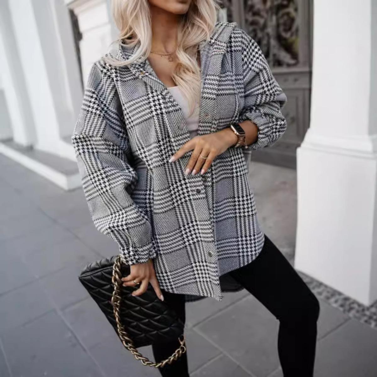 Autumn New Women s Hooded Plaid Coat Loose Fashion Casual Outerwear S