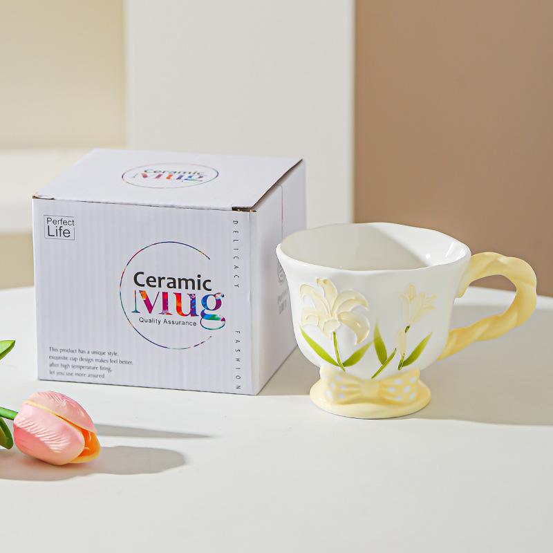 Tulip Ceramic Cup Hand Painted Relief High Looking Coffee Cup Mug Girl Heart Home Water Cup Souvenir