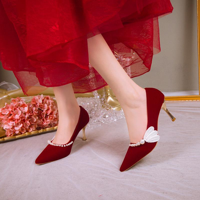 Pantofi de nuntă cu tocuri subțiri cu aripi eleganti, pantofi de mireasă, cu perle, cu toc înalt, pantofi cu toc înalt pentru femei, pantofi cu mărgele șir