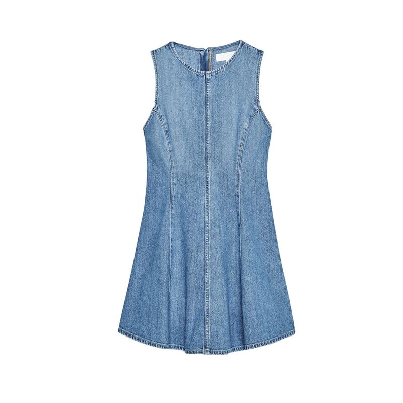 Summer New Arrival Women Clothes American Simple Style Short Wave Wide Swing Round Neck Demin Dress 3607080