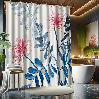 Simple Flower and Grass Shower Curtain Set, Blue Leaves & Red Flowers, Beautiful Art, Bathtub Partition, Modern Bathroom Decor