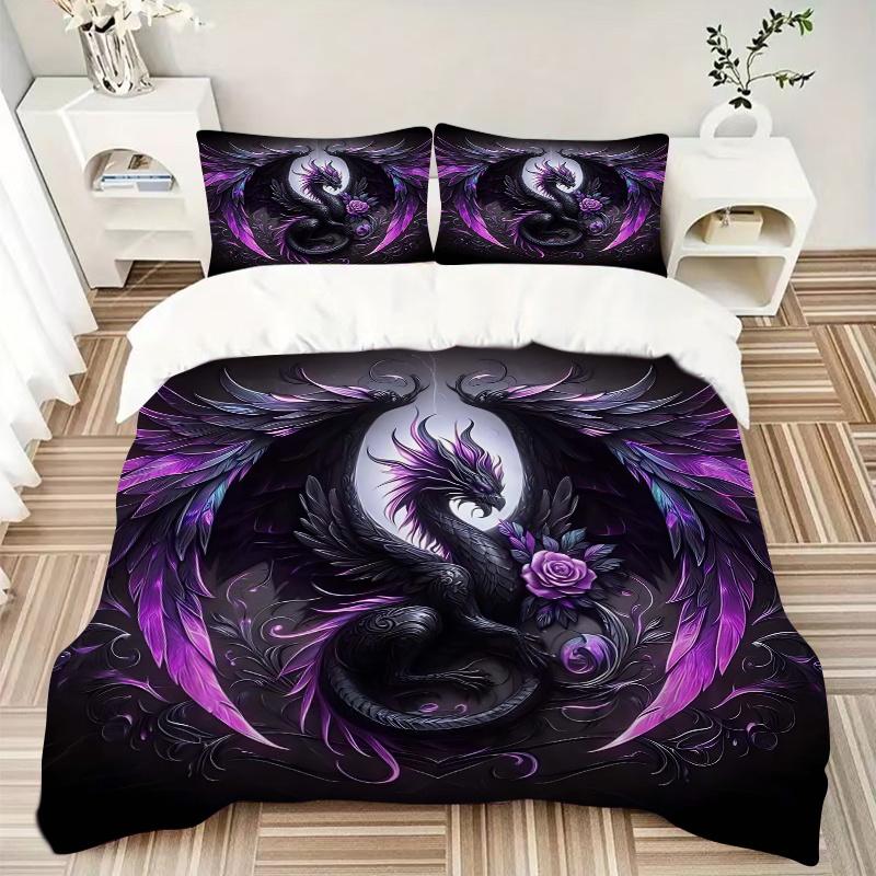 3pcs Purple and Black Dragon Print Cover Set Ultra Soft, Breathable, and Comfortable Bedding with Stylish Design for Bedroom and