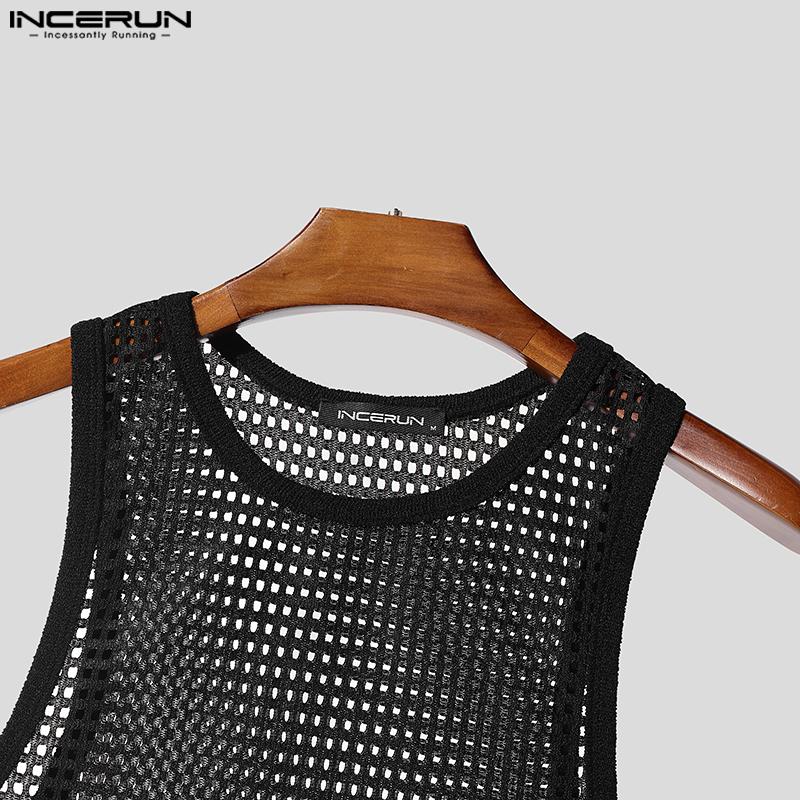 INCERUN Men Sleeveless Mesh Sheer Hollow Casual Beach Tank Tops Cover Up