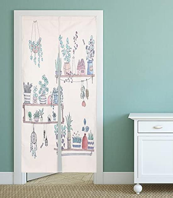 Stylish Long Nordic with Cute Tension Room Dressing Privacy Curtain 4 Curtain, 180cm, Design, Botanical, Natural, Green, Planter, Design, Rod,