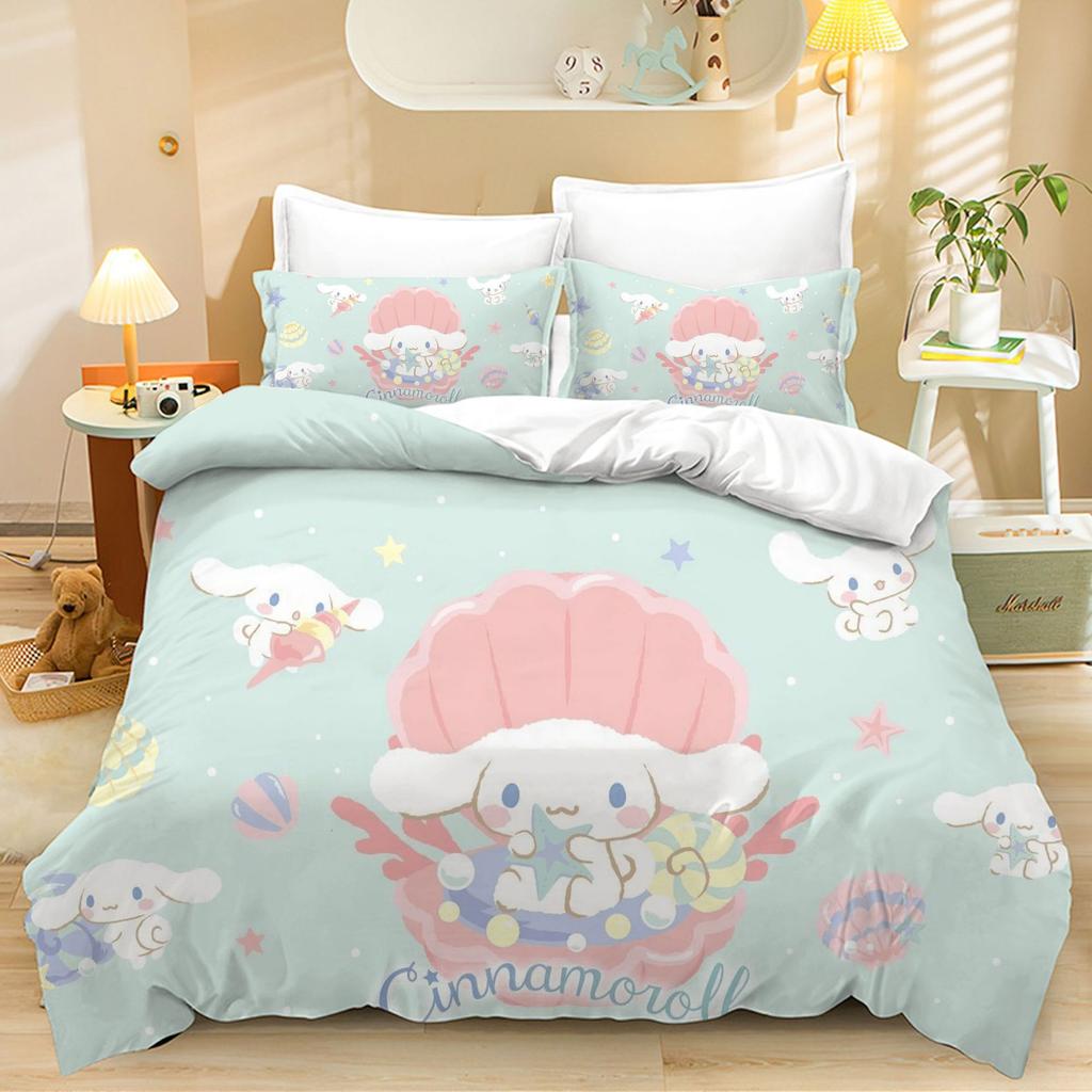 Cinnamoroll Druck Bettwäschesets Bettdecke Steppdecke Bettbezug Bettbezug Kissenbezug 2-3-teilige Sets Kinder Erwachsenengröße Schlafzimmerdeko