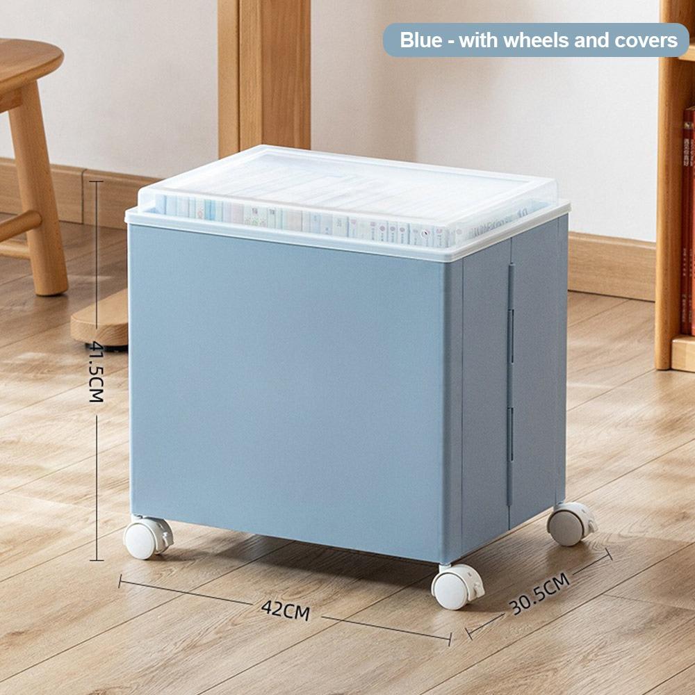 Plastic Book Organizer Foldable with Wheels Stationery Storage Box with Lid Large Capacity Movable Bookshelf Data Storage