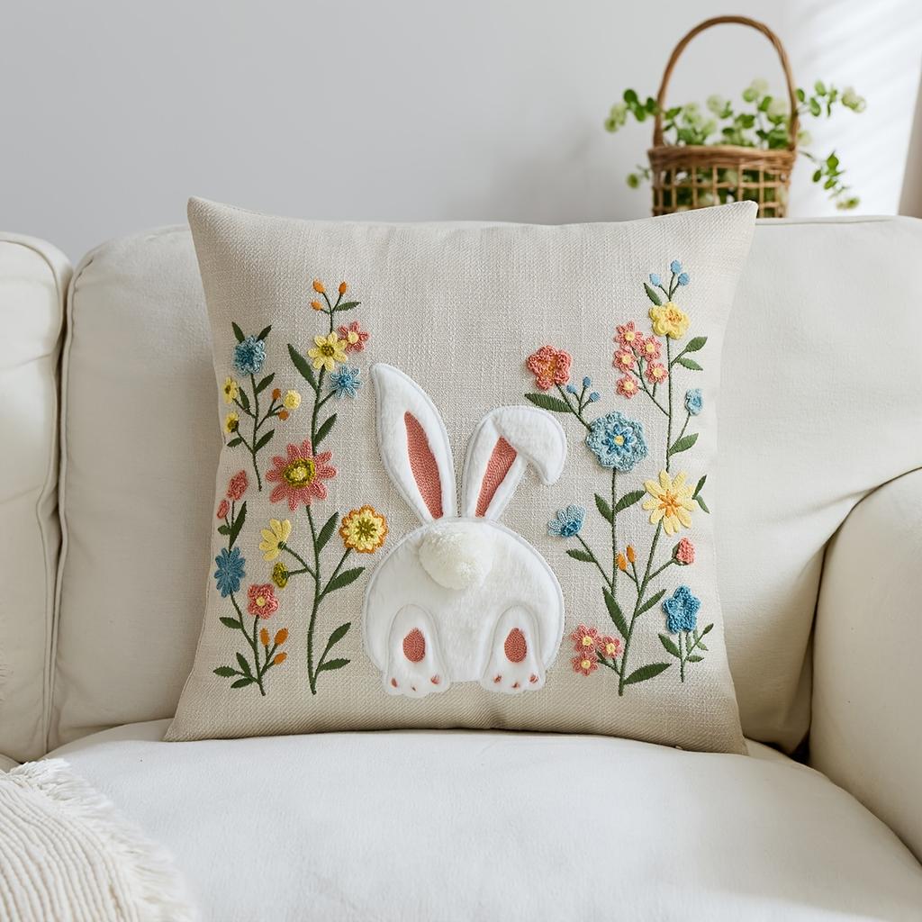 Cute Bunny Floral Pillow Cover 2D Faux Embroidery Print Easter Rabbit Wildflower Cushion Case For Sofa Bed Couch Cozy Home