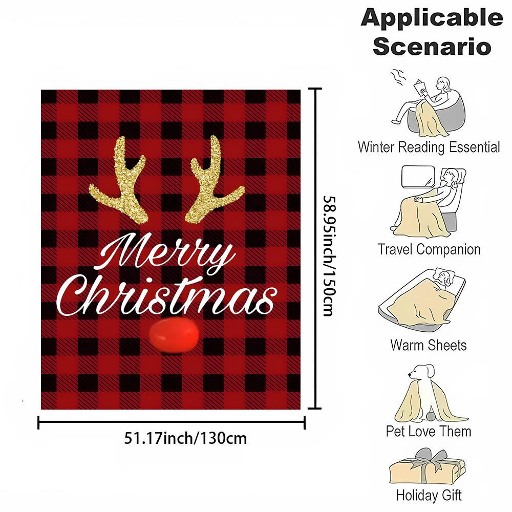 1pc Cozy Reversible Flannel Fleece Throw Blanket - Contemporary Style, Cartoon Reindeer Print, All-Season, Digital Print