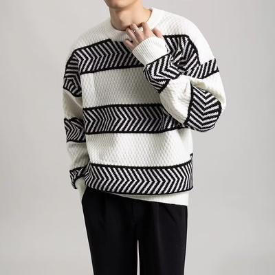 Herbst und Winter Neue Rundhals Pullover Herren Kleidung Casual Pullover Lose Streifen Trendy Baumwolle Strickwaren