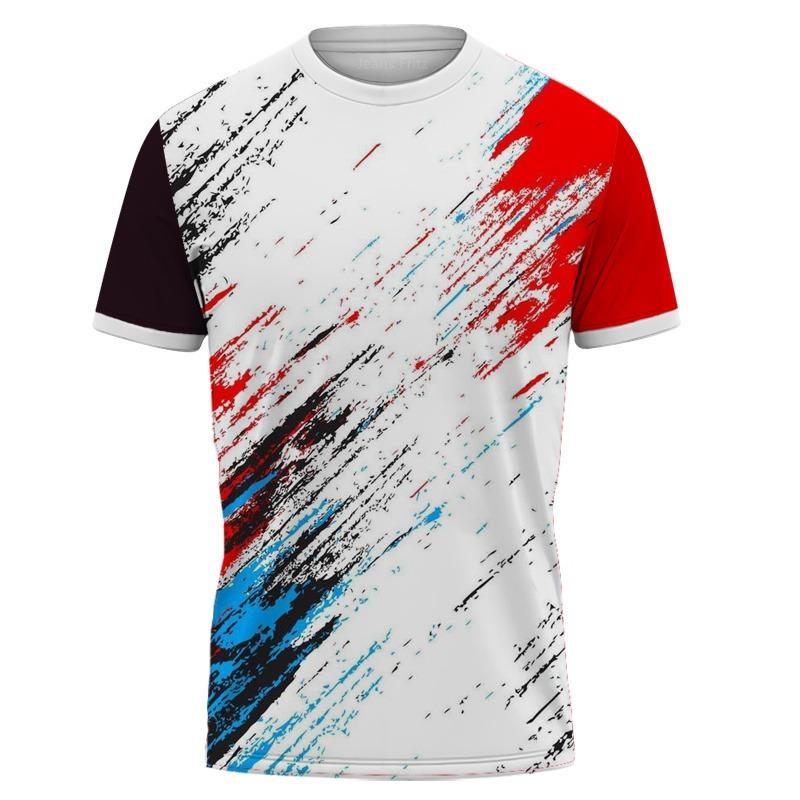 Men Sports Short Sleeve T-Shirt High Elastic Red Blue Black Brush Stroke Print Breathable Slim Training Top