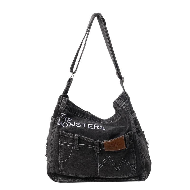 2024 trendy literary denim bag fashionable versatile simple shoulder bag messenger bag student class bag