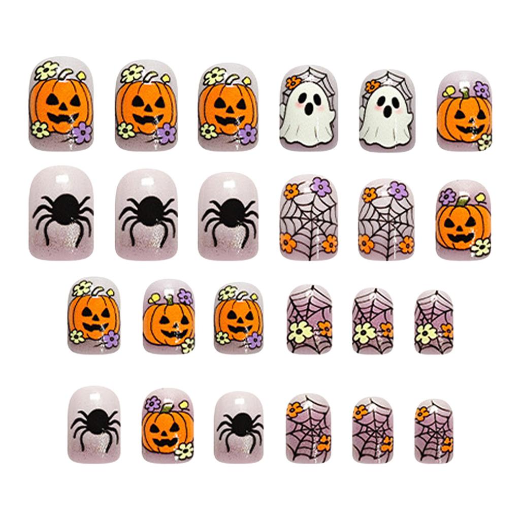 Spider-Web Ghost Pumpkin Glitter Press On Nails 24 Pieces Resin Square Shape Halloween Party Wearable Nail Set for Women Teens