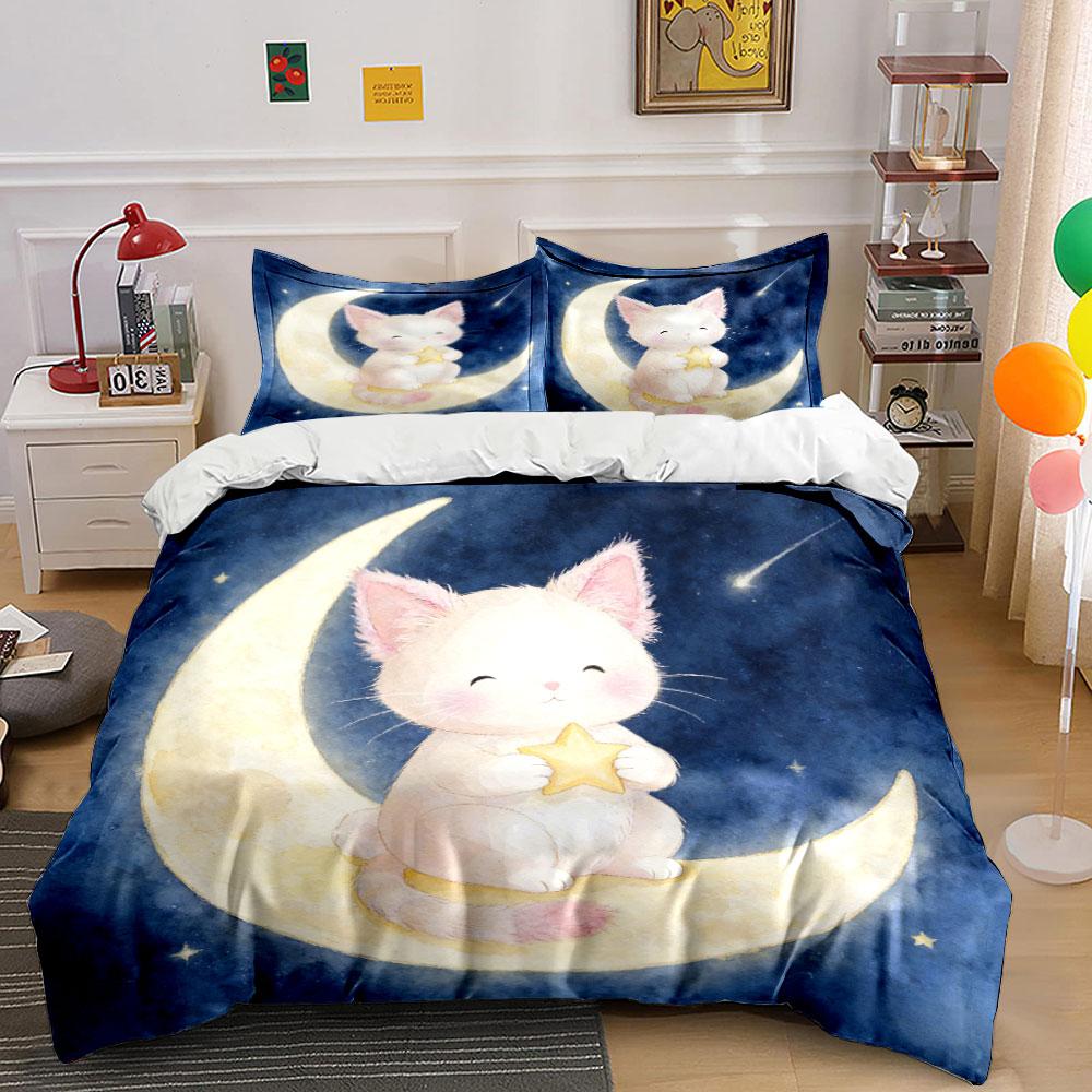 Moon Cat Starry Night Decor Soft Comfortable Duvet Cover Bedding Set Included 1*Duvet Cover & 2*Pillowcases, Gift