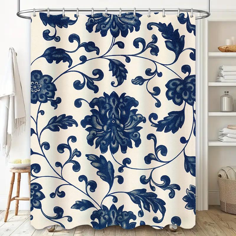 Vintage Blau-Weiß Porzellan-Druck Duschvorhang Badezimmer-Dekoration in einfarbigem Blumenmuster Akzentstück für das Zuhause Badezimmer