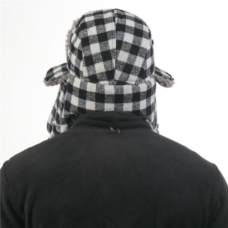 Unisex Plaid Fleece-lined Winter Beanie Hat With Ear Protection Windproof Warm Ski Cap Outdoor Activities