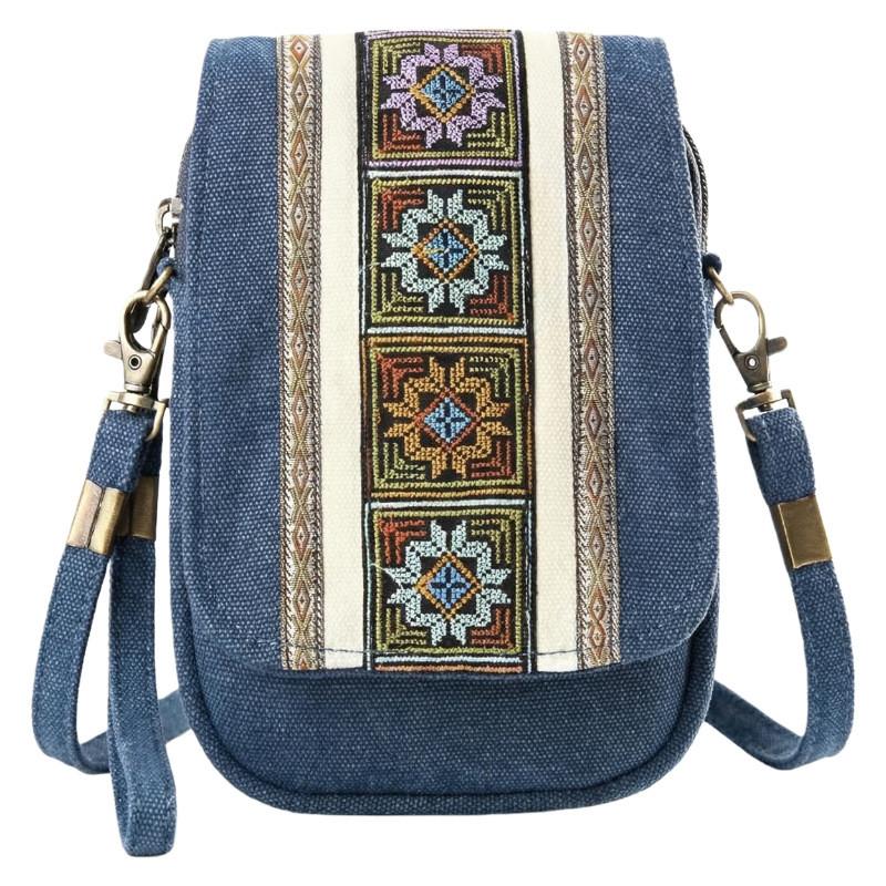Ethnic Embroidered Canvas Phone Bag With Multiple Pockets For Daily Use