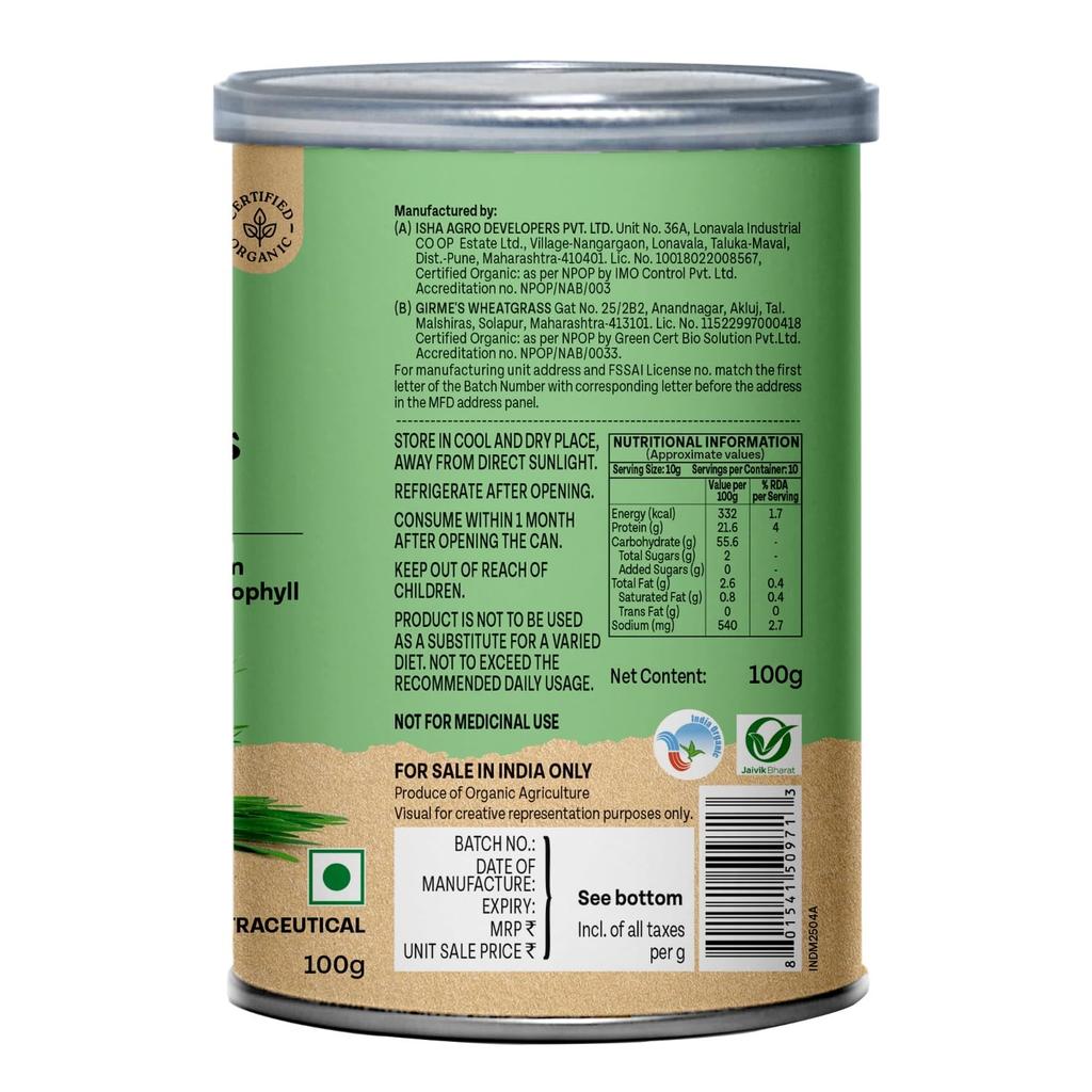 ORGANIC INDIA Wheat Grass Powder 100 G Wellness Supplement For Energy Detox Support And Daily Vitality Pack Of 1