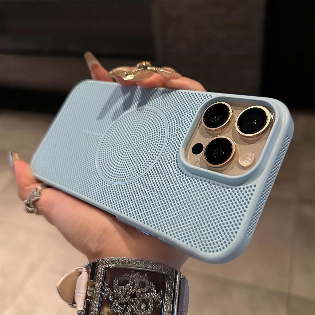 Applicable to iPhone17PROMAX mobile phone case heat dissipation magnetic suction mesh case hollow and breathable Apple 16/15 hard and anti-drop