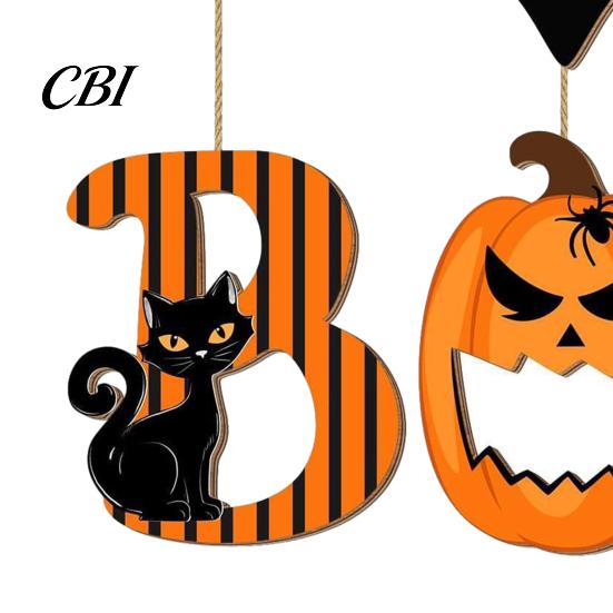 Retro Style Seasonal Decor Halloween BOO Door Sign, Wooden Ghost Evil Pumpkin Black Cat Hanging Welcome Festival Plaque Spooky Bat Hanger for