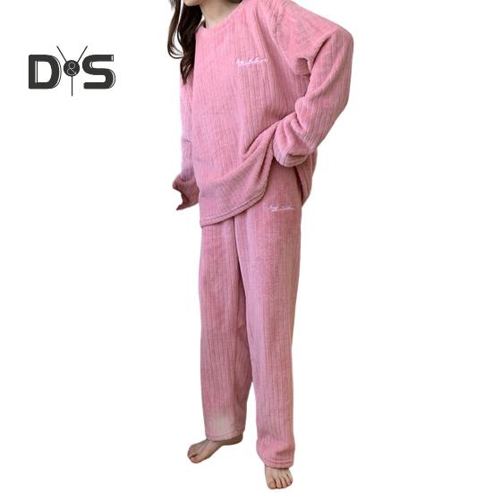 

Комплект из 2 предметов унисекс, зимняя пижама, круглый вырез, однотонный утолщенный коралловый флис, домашняя одежда, топ и штаны, свободная домашняя одежда, женская ночная одежда темно-розовый