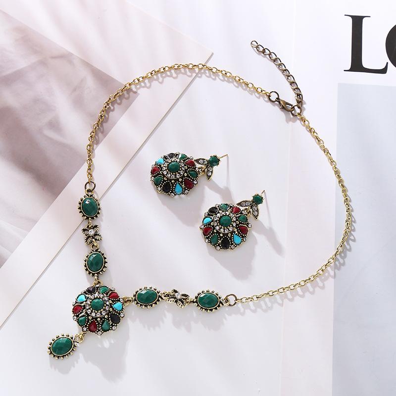 Vintage Bohemian Colorful Crystal Necklace And Earring Set For Women Exaggerated Luxury Temperament Jewelry
