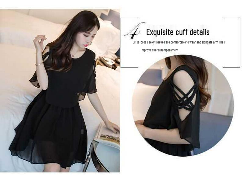 Plus Size Korean Style Chiffon Dress: Mid-Length, Slimming, Belly-Covering, Short Skirt