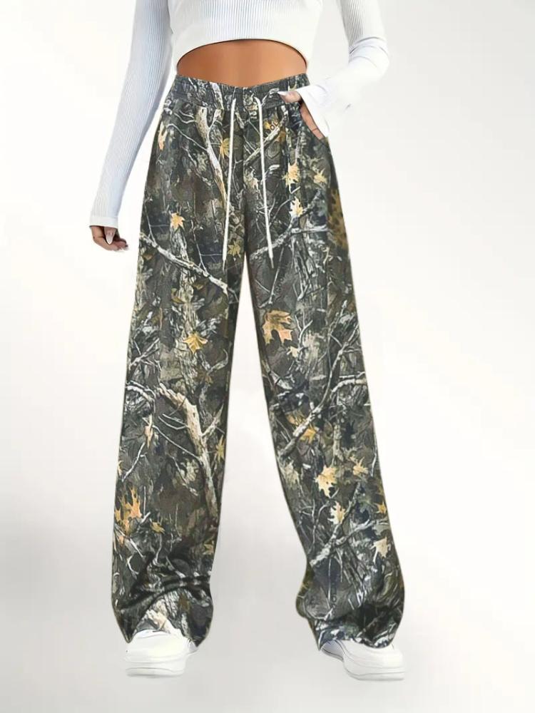 Girls' Fashionable Casual Waist Cinching Camouflage Printed Wide Leg Loose Straight Leg Pants In Spring, Summer, and Autumn