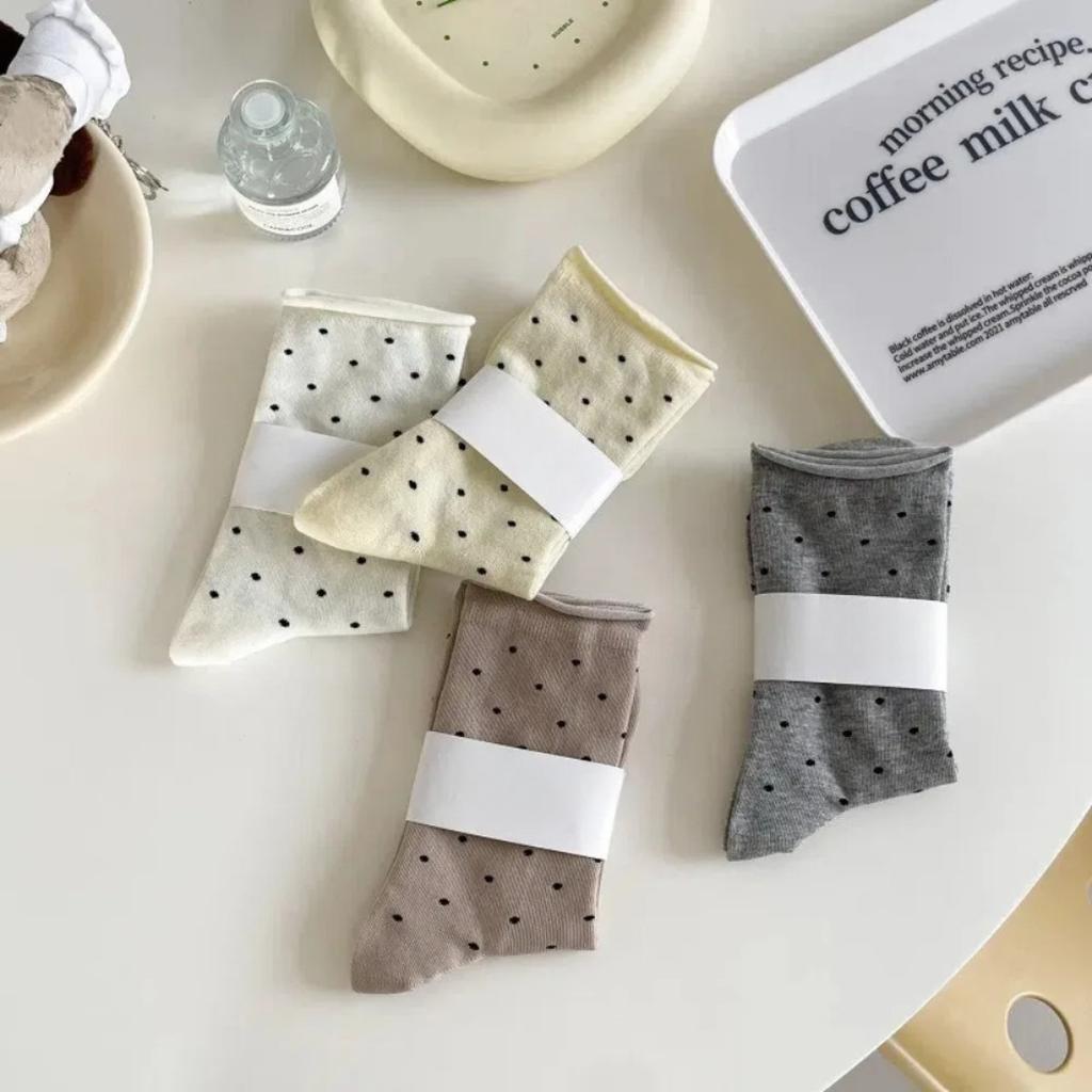 Women's Spring Summer Thin Vintage Cream Curled-edge Polka Dot Mid-tube Socks Uses For Artistic Socks Women's Clothing