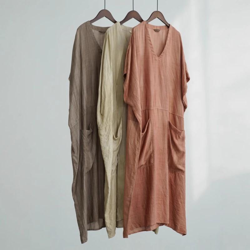 Johnature Women Vintage Dress V-Neck Half Sleeve Loose Solid Color Patchwork Pockets Summer Dress