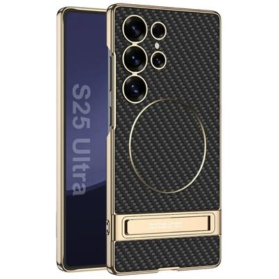 Magnetic Shockproof Electroplated PU Leather Hard Phone Case with Invisible Stand for Samsung Galaxy S25 Ultra Magsafe Cover