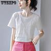 WTEMPO Korean Summer Solid Shirts Women Casual Round Collar Slim Vintage Short Sleeve Pure Cotton Lace Cropped Tops