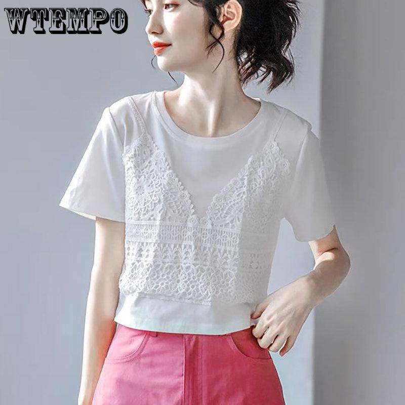 WTEMPO Korean Summer Solid Shirts Women Casual Round Collar Slim Vintage Short Sleeve Pure Cotton Lace Cropped Tops