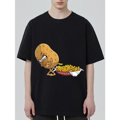 Oversized T-Shirt Black Potato Cartoon French Fries Print Casual Streetwear Summer Top Men Women Unisex Fashion Trendy Graphic Tee