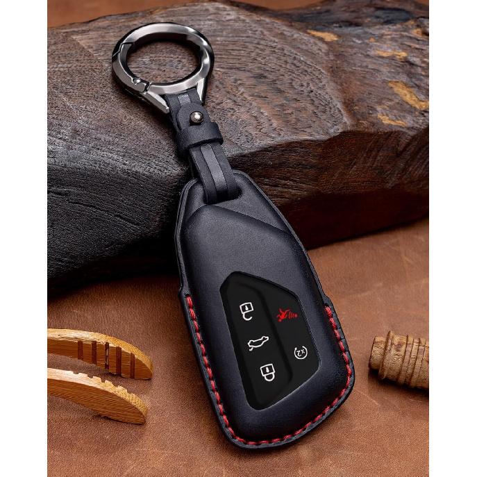 For VW Atlas Key Fob Cover Premium Leather Car Remote Case Holder Keychain Compatible for Volkswagen ID4 MK8 Golf GTI 2025 2024 -Black