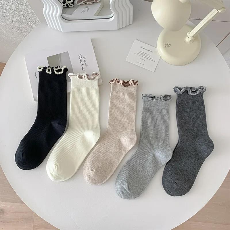 Fashion Girls Lolita Kawaii Cute Middle Tube Socks Sox Sweet Solid Color Black White Gray Long Socks Ruffle Socks Women